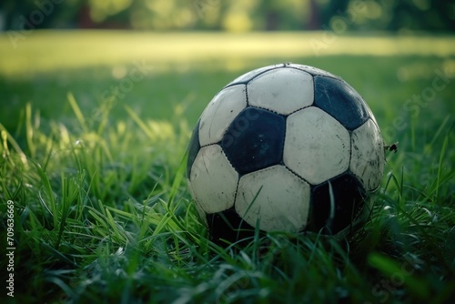 A black and white soccer ball sitting in the grass. Suitable for sports-related projects