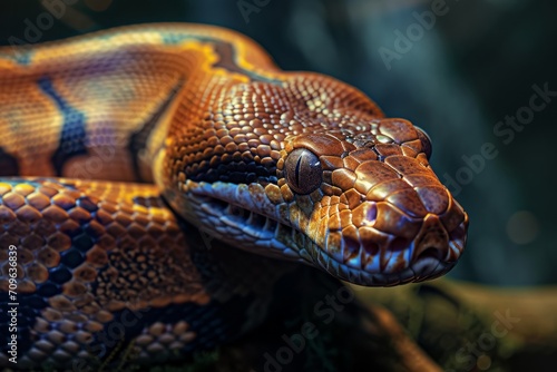 Vivid close-up of a python, its scales glistening, showcasing the beauty and danger of wildlife.