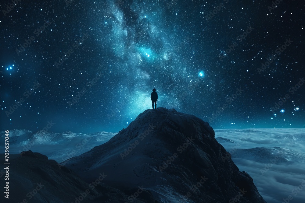A lone figure stands on a mountain peak under a starry sky, gazing at the Milky Way, embodying solitude and the vastness of the universe.