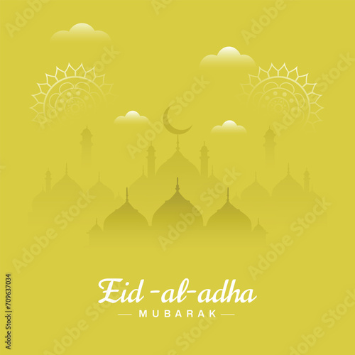 Eid al adha wishes, or greeting post eid al adha Islamic yellow green color background design with moon, or mosque, with social media eid al adha wishing sale, banner, vector illustration