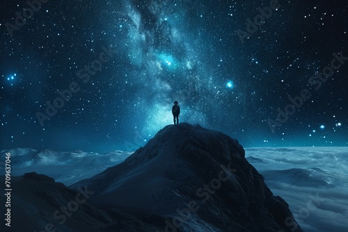 A lone figure stands on a mountain peak under a starry sky, gazing at the Milky Way, embodying solitude and the vastness of the universe.