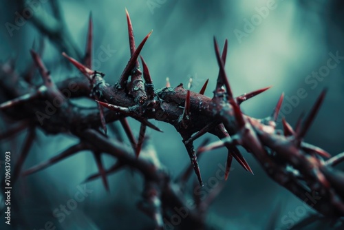 A close-up view of thorns on a tree. This image can be used to depict nature, danger, or protection.
