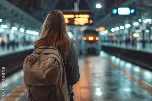 A woman with a backpack patiently waiting for a train. Suitable for transportation and travel concepts