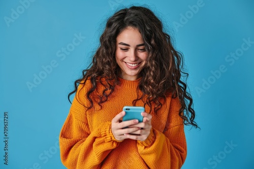 Young adult smiling happy pretty latin woman holding mobile phone looking at smartphone, typing message doing ecommerce shopping on cell Generative AI