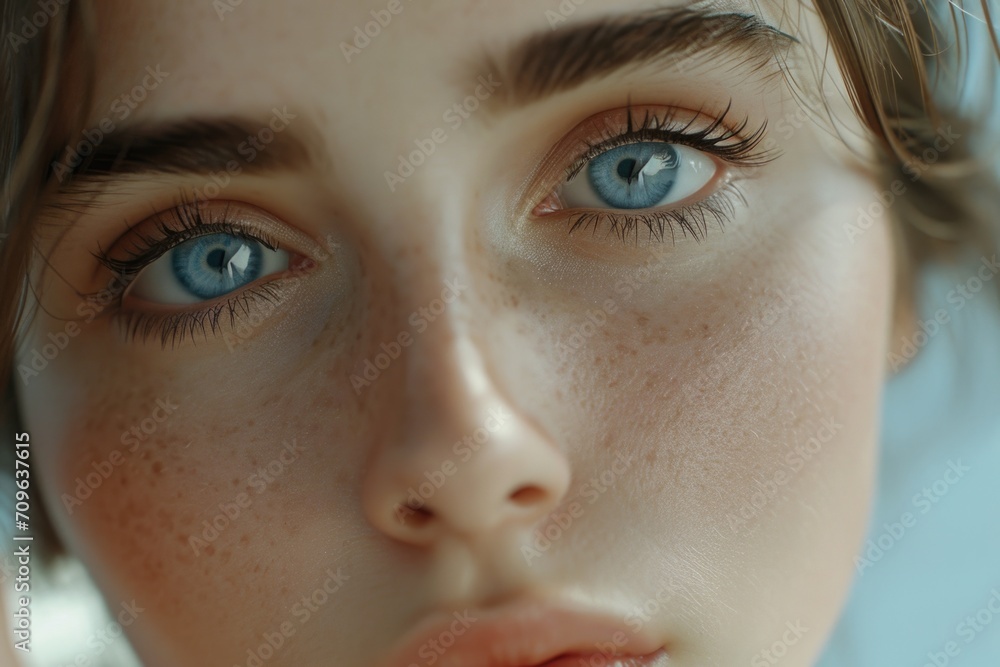 Obraz premium A close-up view of a woman's face with freckles. This image can be used to depict natural beauty, skincare, or diversity
