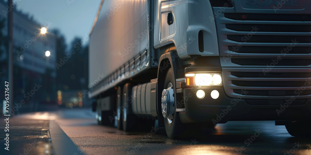 A semi truck is pictured driving down a street at night. This image can be used to depict transportation, logistics, or nighttime cityscape scenes A semi truck is pictured driving down a street at night. This image can be used to depict transportation, logistics, or nighttime cityscape scenes
