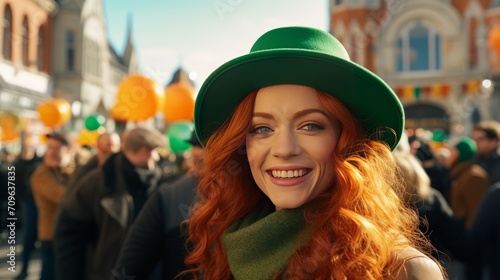 attractive young woman smiling and fun celebrating St. Patrick Day