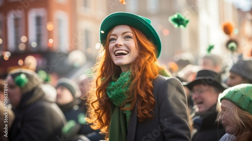 attractive young woman smiling and fun celebrating St. Patrick Day photo
