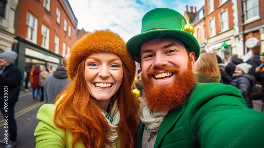 smiling and funny attractive couple celebrating St. Patrick Day and making a self portrait