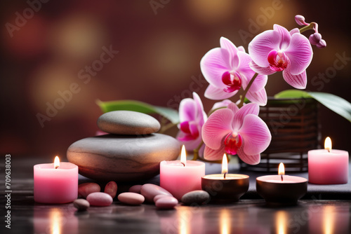 Panoramic indulging still life for harmony and balance in spa  massage  yoga or feng shui with mineral pebbles  natural orchid flowers and candles