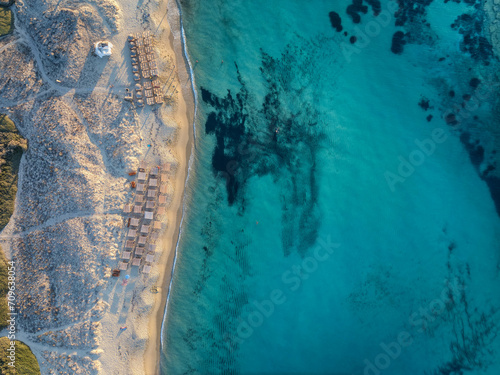 Fototapeta Naklejka Na Ścianę i Meble -  Aerial top down view of the beautiful Plaka beach with at Naxos island, Cyclades, Greece