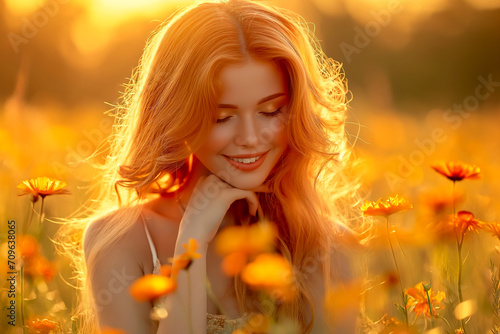 Calm sunset: graceful woman among nature. Caucasian female model, front view, in front of the camera. scene in an autumn park in the rays of the setting sun © Bonya Sharp Claw