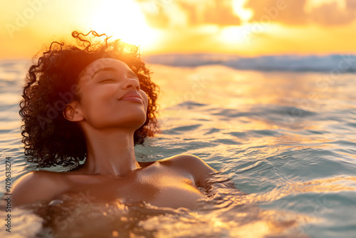 Young cheerful woman bathing in warm tropical sea. Concept travel and relax