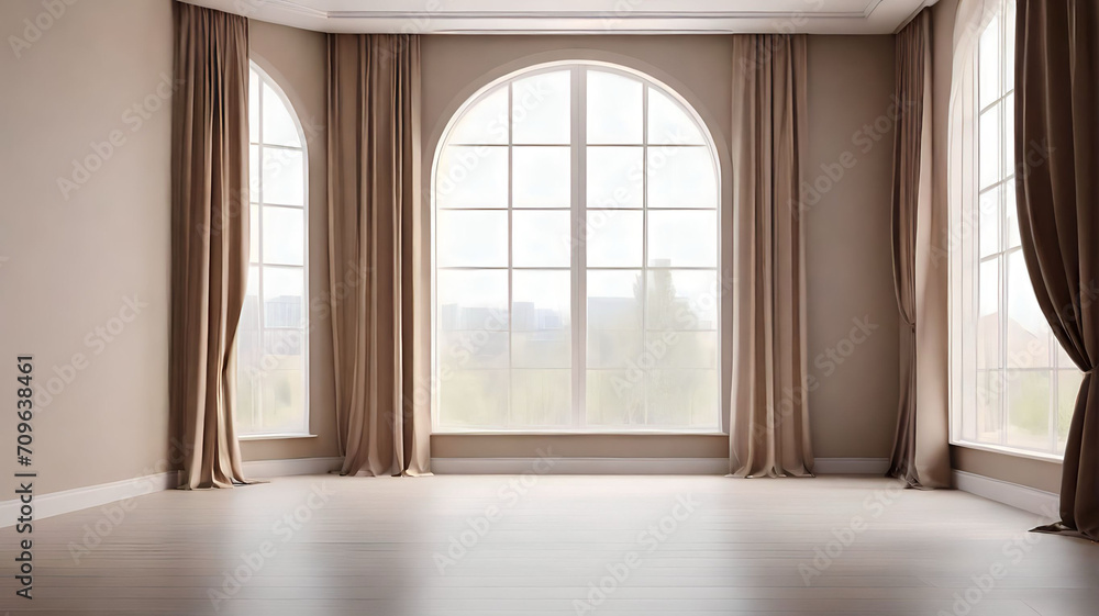 Empty room with window and curtains. 3D render. Interior design. Empty room with window and curtains. 3D render. Interior design.