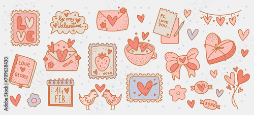 Valentine's Day Clip arts Set: Vector Collection of Love Themed Stickers. Isolated Romantic elements with Hearts, Messages, and Postage Stamp for Journal Stickers, Scrapbooking, and Greeting Cards