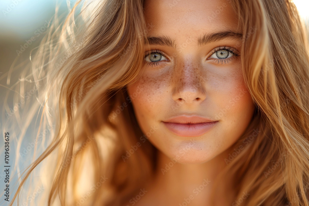 Portrait of a blonde girl of Slavic appearance with freckles without makeup Portrait of a blonde girl of Slavic appearance with freckles without makeup