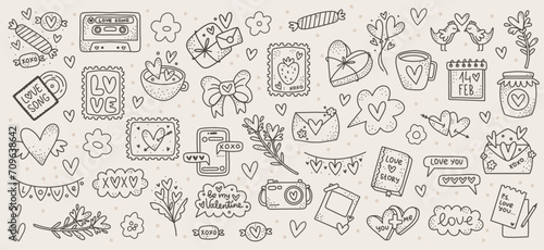 Valentine's Day Outline Elements Set: Vector Collection of Love Themed Doodles. Isolated Romantic clipart with Hearts, Messages, and Gift Box for Coloring Book, Scrapbooking, and Greeting Cards