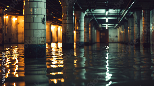 A flooded subway station with dim lights and murky water.