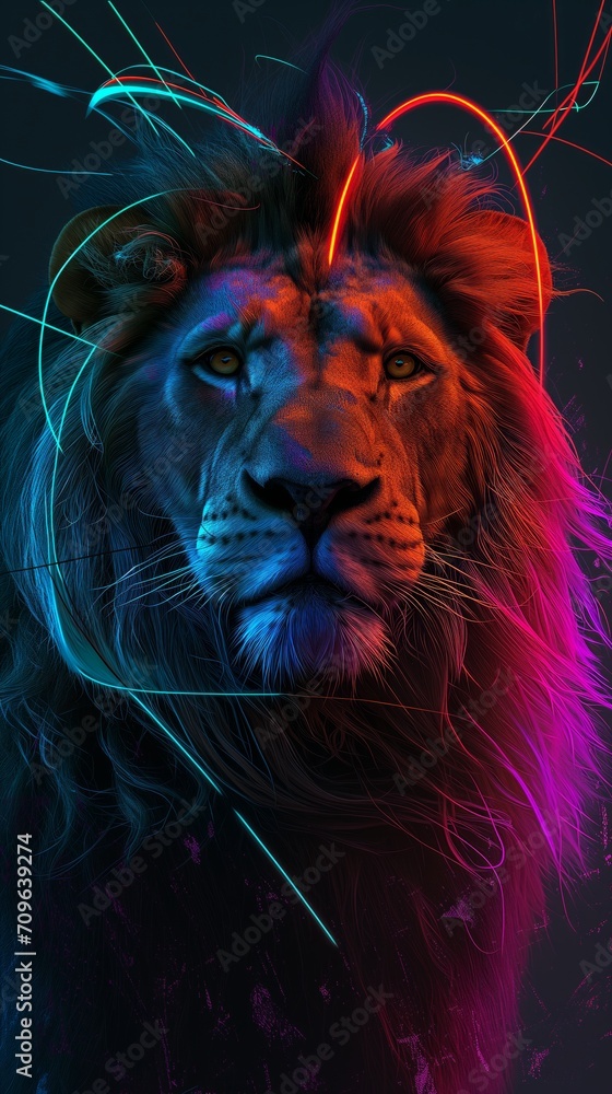 Naklejka premium portrait of a vibrant neon lion 