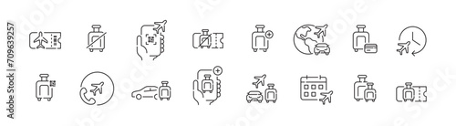 Airport and flight icons. Tickets, buying extra luggage, renting a car or hailing a taxi. Pixel perfect, editable stroke