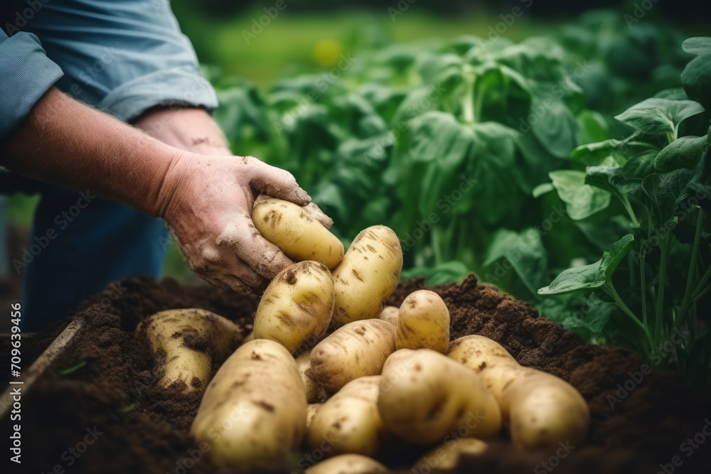 Hands harvesting fresh organic potatoes from garden Hands harvesting fresh organic potatoes from garden