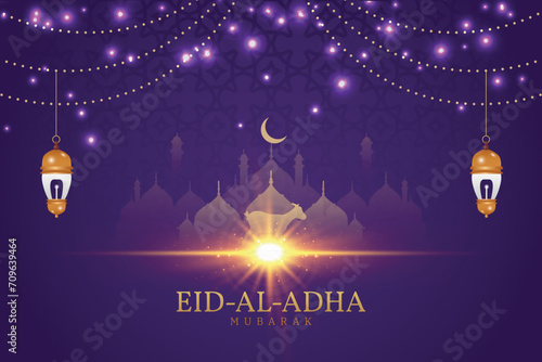 Eid al adha wishes, or greeting post eid al adha Islamic purple color background design with mosque,  with social media eid al adha sale, banner, vector illustration photo