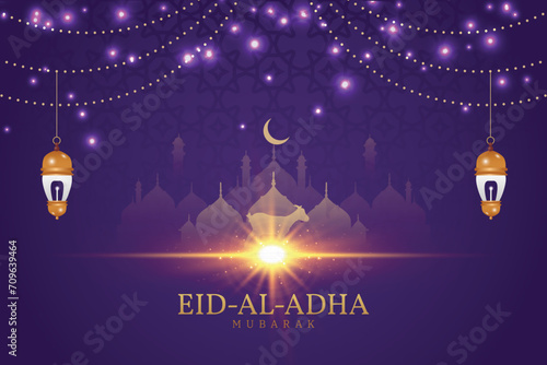Eid al adha wishes, or greeting post eid al adha Islamic purple color background design with mosque,  with social media eid al adha sale, banner, vector illustration
