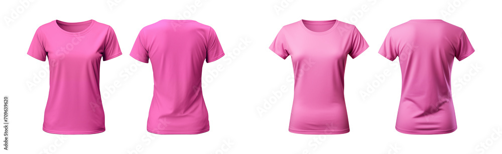 realistic set of female pink t-shirts mockup front and back view isolated on a transparent background, cut out realistic set of female pink t-shirts mockup front and back view isolated on a transparent background, cut out