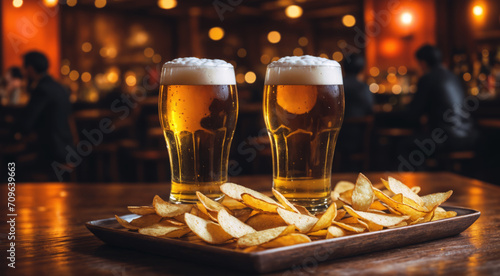 A glass of beer and chips on the table. AI