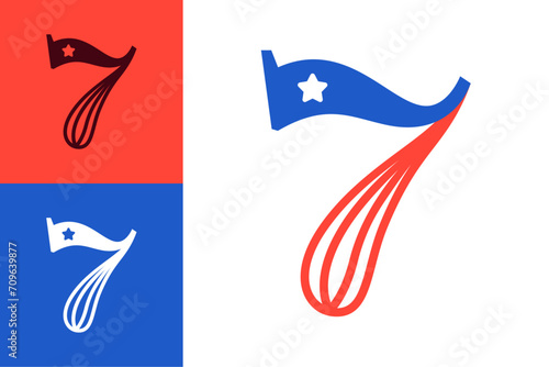 7 logo. Number seven made of American flag. Serif font with Star and Stripes. Classic icon for US history and 4th of July celebration. Perfect for sport team uniform, Independence Day invitations.