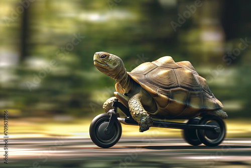 Schildkröte rast durch die Natur auf einem dreirädrigen Scooter mit hoher Geschwindigkeit, Bewegungsunschärfe, natürlicher Hintergrund mit Pflanzen photo