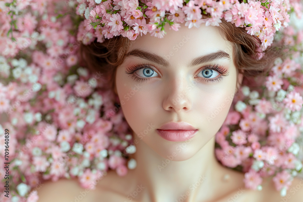 Portrait of a beautiful woman with wreath spring flowers over her head. Close up perfect skin face and beautiful eyes. Close up eye woman with flower on her head.