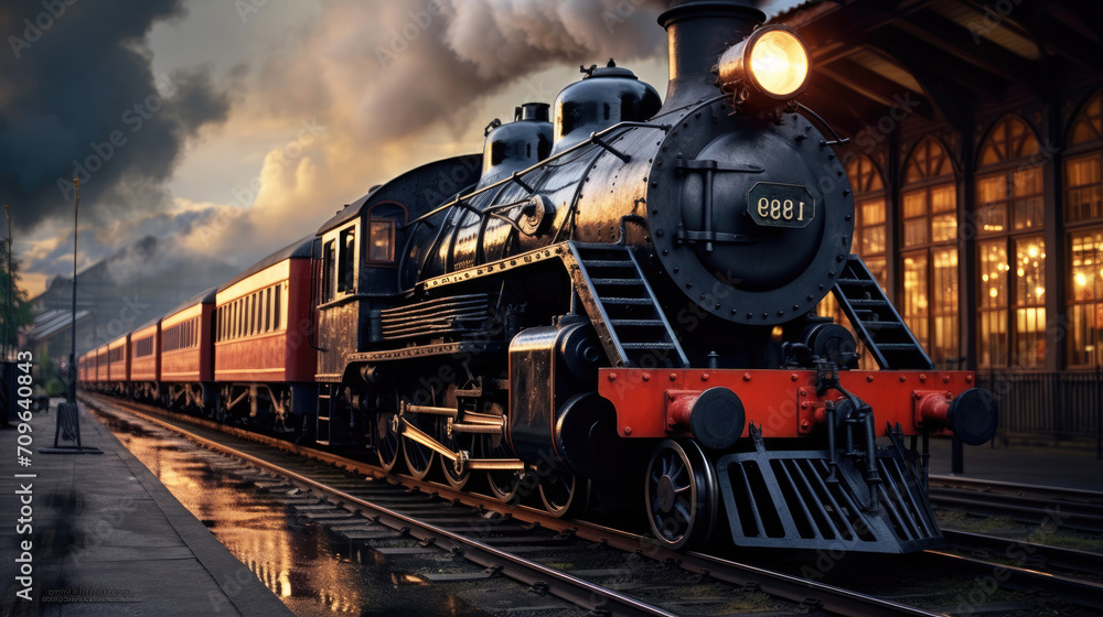 Fototapeta premium An old steam locomotive at the station, ready to depart