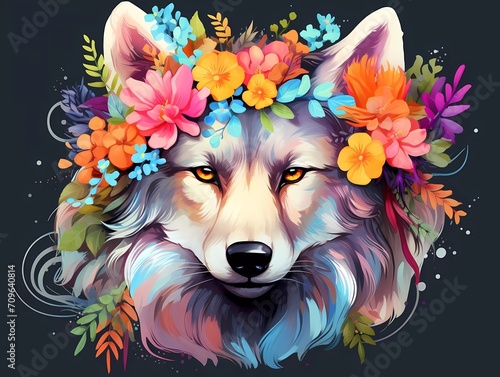 illustration of a colorful wolf with a flower crown on its head. generative ai photo