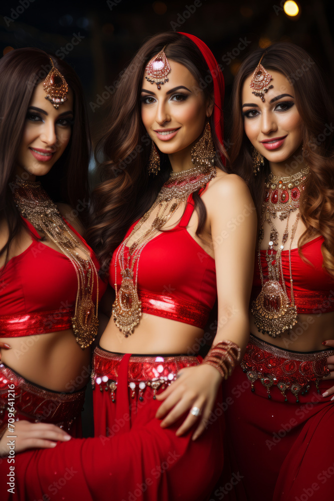 Belly dancers wearing a red costume with jewelery Belly dancers wearing a red costume with jewelery