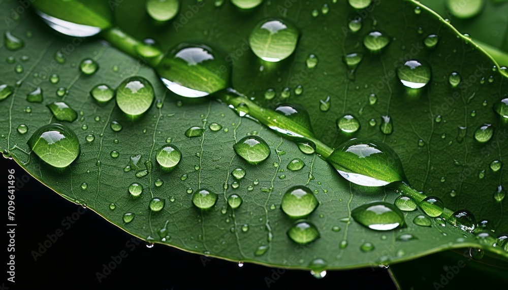 Super macro shot captivating raindrops on vibrant green leaf, revealing natures artistry Super macro shot captivating raindrops on vibrant green leaf, revealing natures artistry