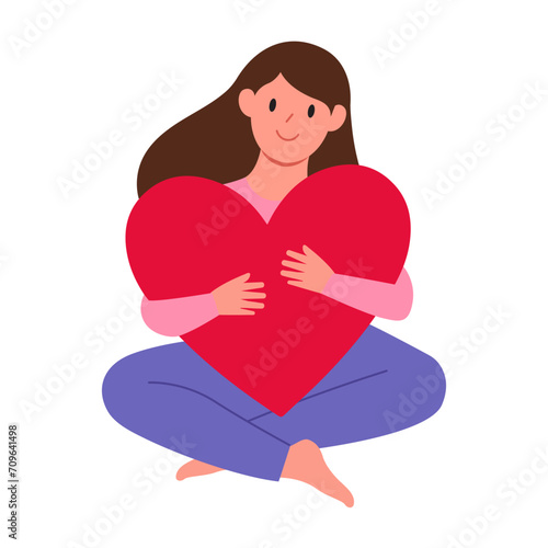 Love yourself, Self care, Woman hugging heart, acceptance and self love. Positive psychology, optimism and mental health. Poster or banner with happy girl. Flat vector illustration