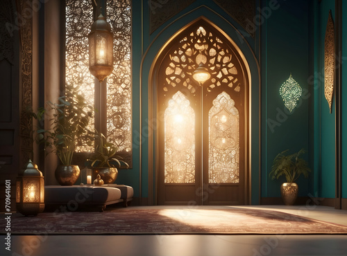 Ramadan kareem mihrab 3d render dark green color background