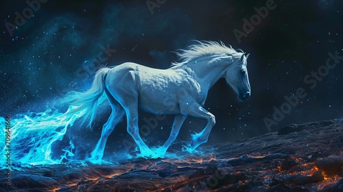 A cream stallion horse with wings  glowing blue eyes  slowly disintegrating in space after floating in space following a gigantic galatic battle leaving spaceship debris