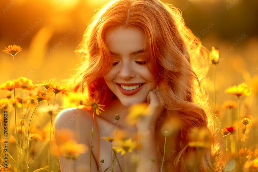 portrait of a beautiful young girl in the field at sunset, in the summer. Happy Woman Embracing the Day