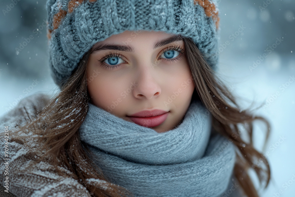 Beautiful young woman with dark hair of Slavic appearance in a red scarf and hat in winter, beautiful eyes. Expressive portrait. Beautiful young woman with dark hair of Slavic appearance in a red scarf and hat in winter, beautiful eyes. Expressive portrait.