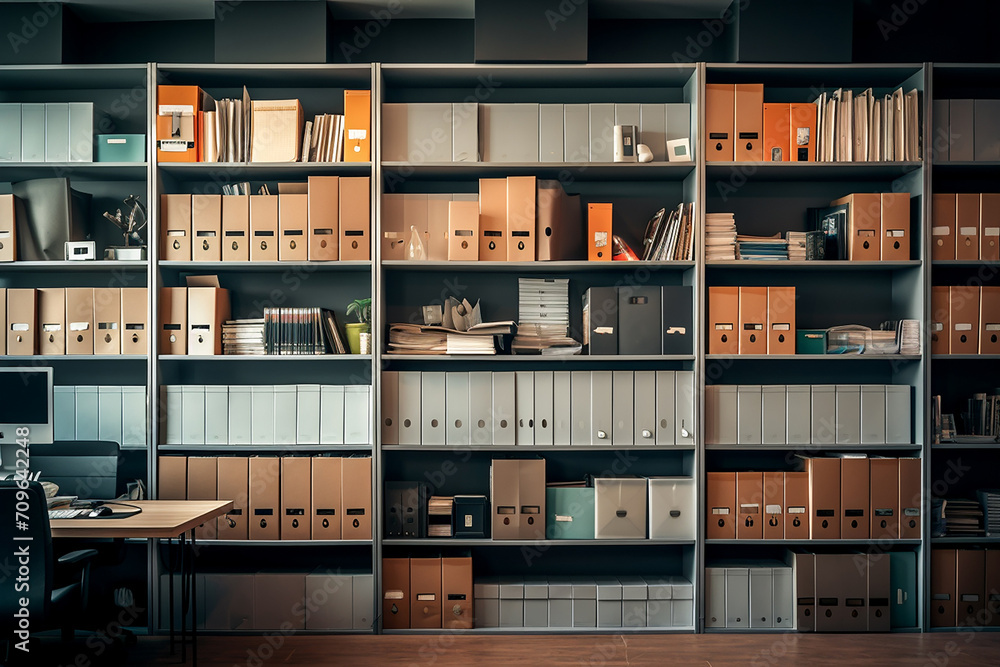 Empty office with wooden shelves, racks filled with documents and files. Office background. Empty office with wooden shelves, racks filled with documents and files. Office background.