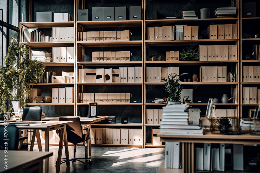 Empty office with wooden shelves, racks filled with documents and files. Office background. Empty office with wooden shelves, racks filled with documents and files. Office background.