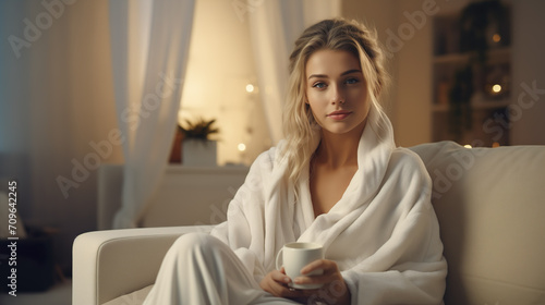 Woman sitting and relaxing on the couch in a white bathrobe. Model little dressed with long blonde hair | Generative AI