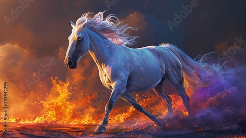 A cream stallion horse with wings  glowing blue eyes  slowly disintegrating in space after floating in space following a gigantic galatic battle leaving spaceship debris