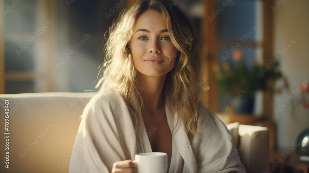 Woman sitting and relaxing on the couch in a white bathrobe. Model little dressed with long blonde hair | Generative AI Woman sitting and relaxing on the couch in a white bathrobe. Model little dressed with long blonde hair | Generative AI
