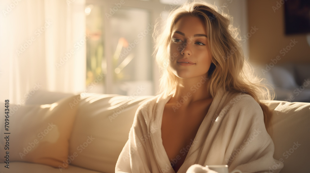 Woman sitting and relaxing on the couch in a white bathrobe. Model little dressed with long blonde hair | Generative AI Woman sitting and relaxing on the couch in a white bathrobe. Model little dressed with long blonde hair | Generative AI