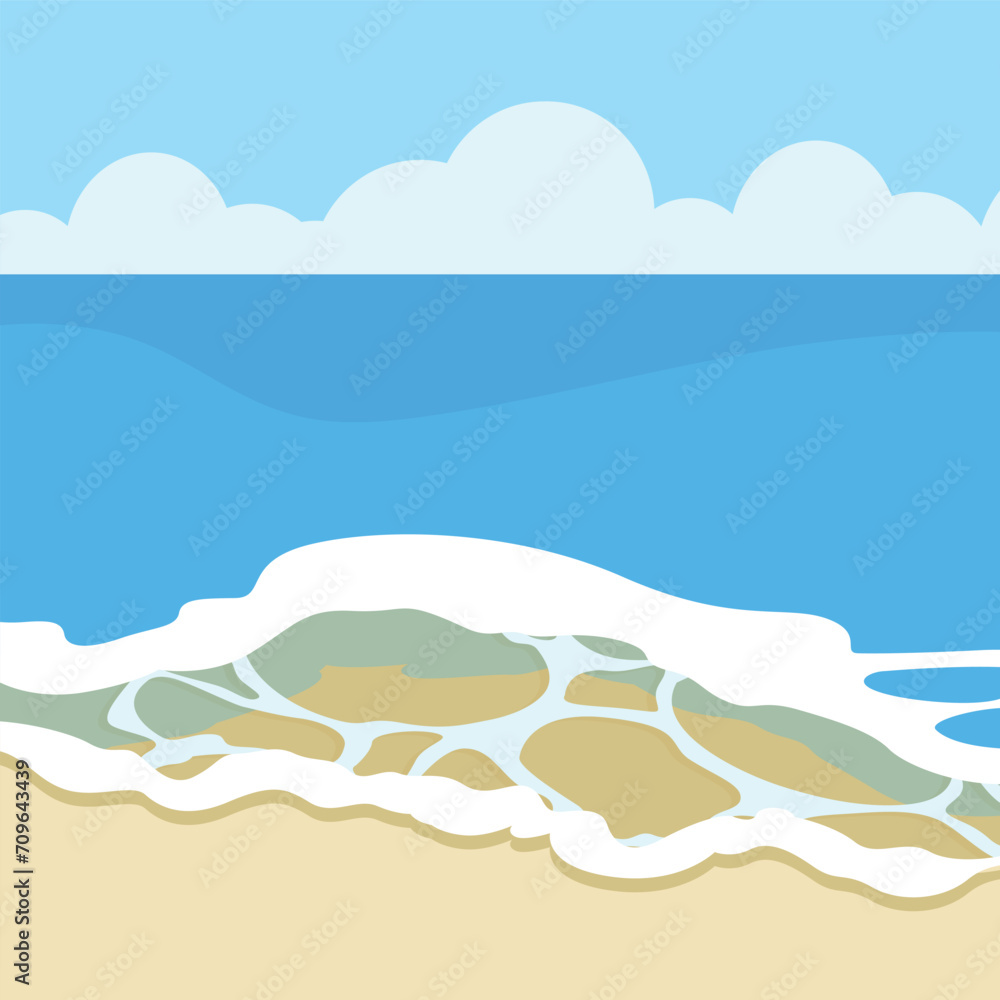 Seascape background with waves and beach. Vector illustration in flat style.