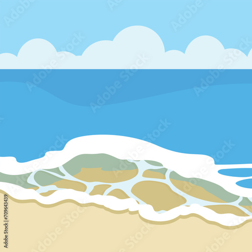 Seascape background with waves and beach. Vector illustration in flat style.