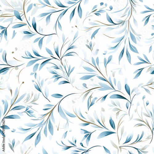 Abstract seamless pattern with blue foliage skeleton translucent texture on white background